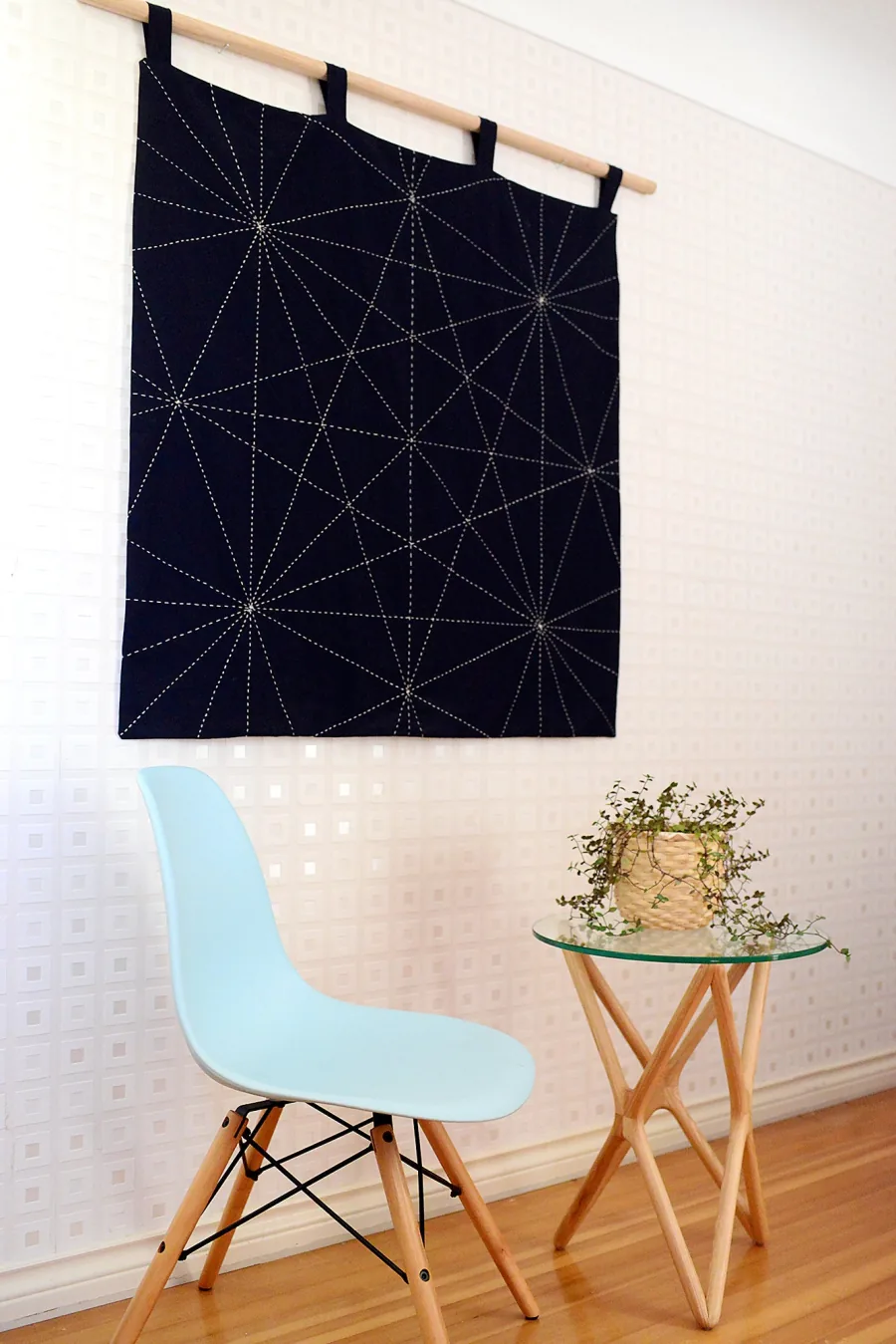 Indigo sashiko wall hanging made in the Ekte studio